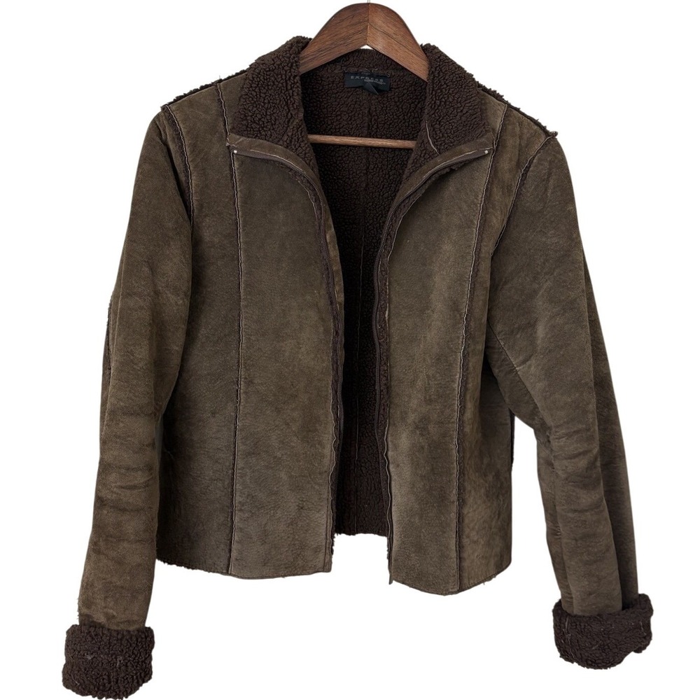 Express Y2K Brown Leather Suede Sherpa Lined Jacket Full‎ Zip Women's Medium